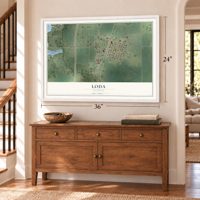 Loda, Illinois map, 24 x 36 inch print in a white frame above a dresser by a staircase