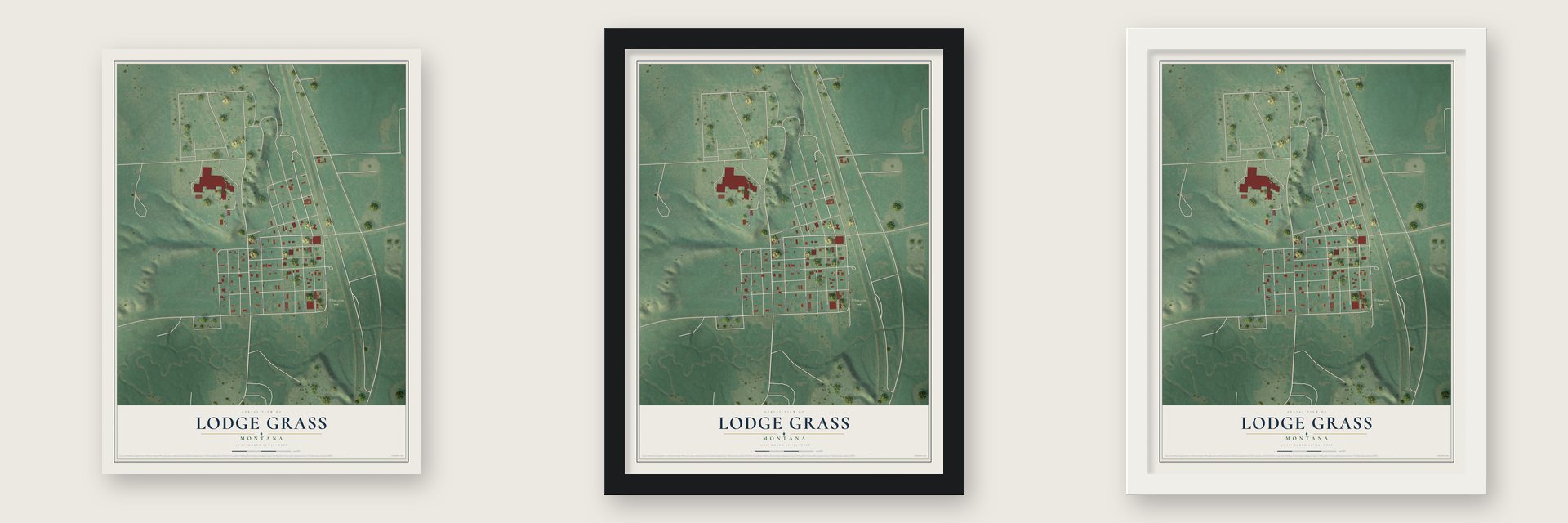 Lodge Grass, Montana map unframed, in a black wood frame and in a white wood frame