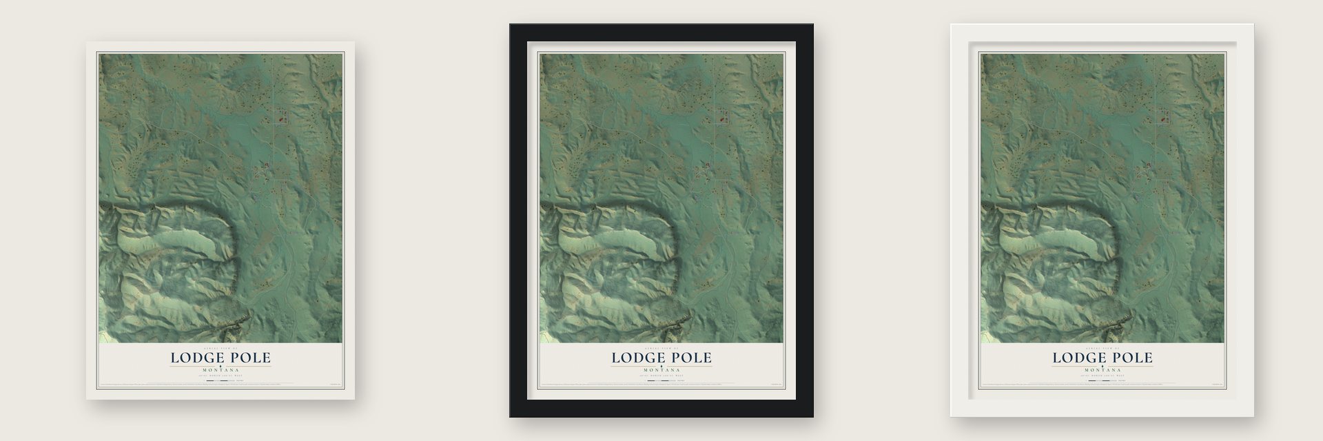 Lodge Pole, Montana map unframed, in a black wood frame and in a white wood frame