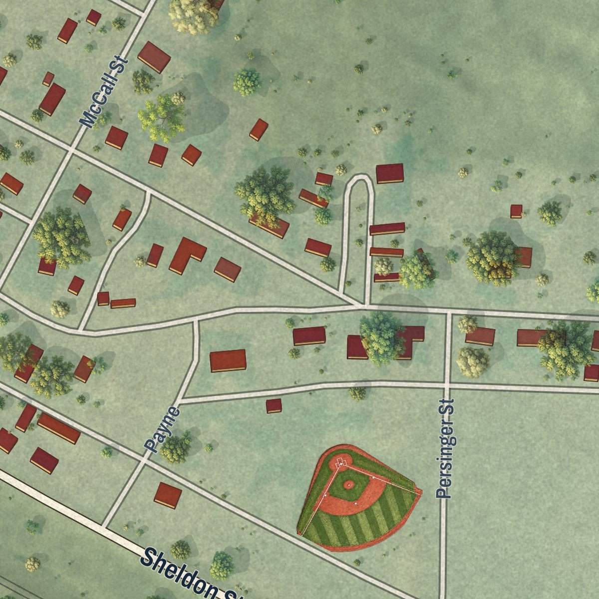 Second close-up of the map of Lodgepole, Nebraska print showing more streets and buildings