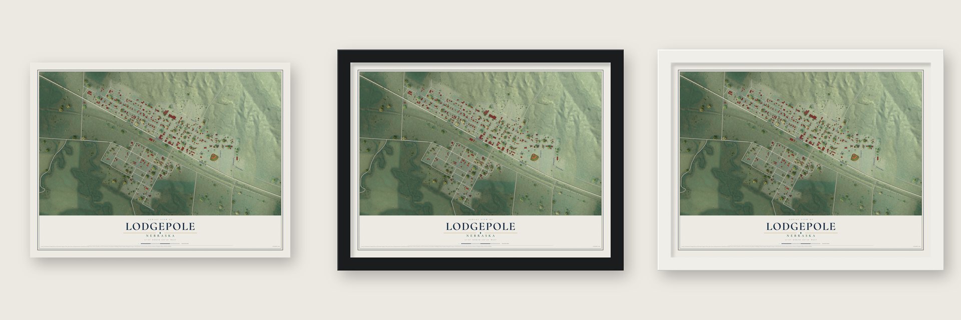 Lodgepole, Nebraska map unframed, in a black wood frame and in a white wood frame