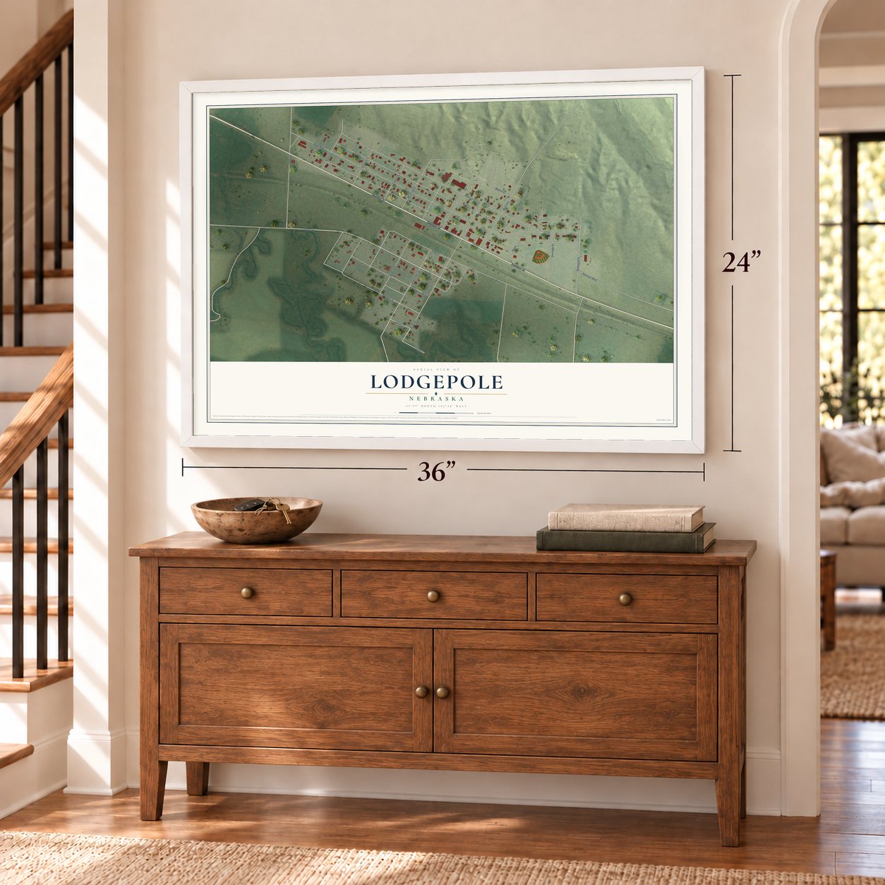Lodgepole, Nebraska map, 24 x 36 inch print in a white frame above a dresser by a staircase