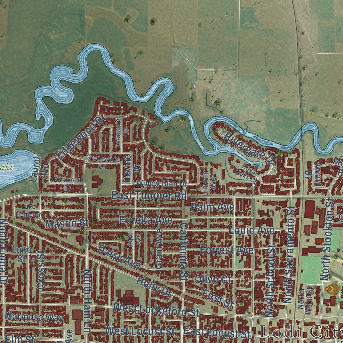 Second close-up of the map of Lodi, California print showing more streets and buildings