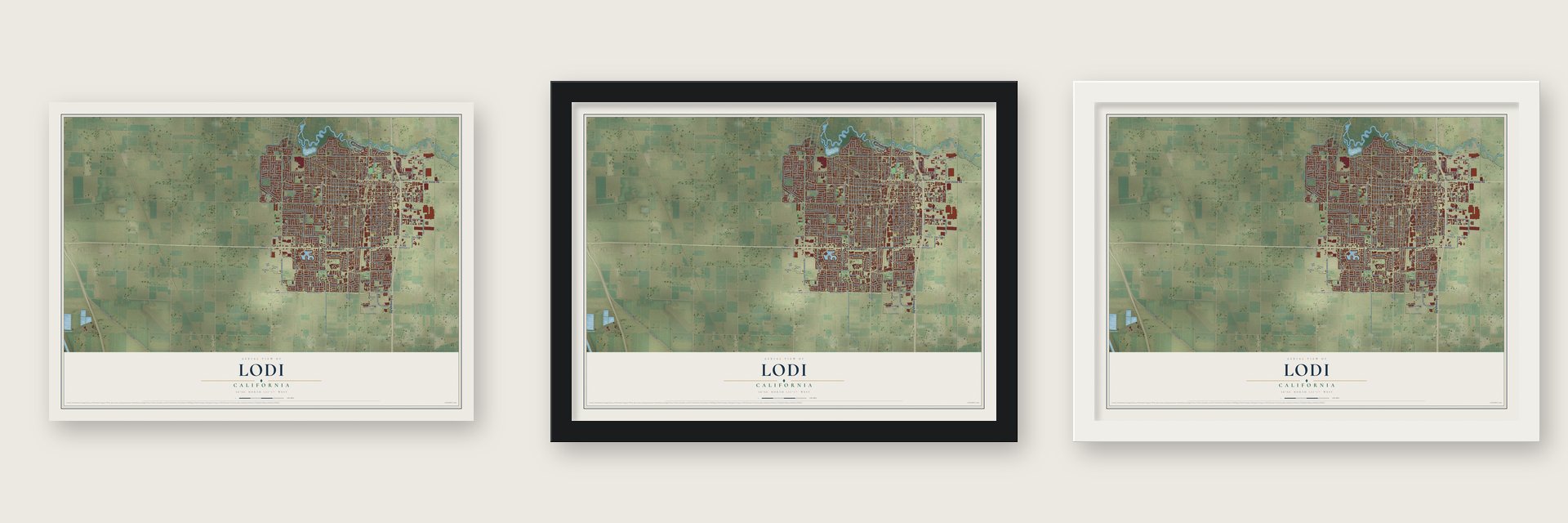 Lodi, California map unframed, in a black wood frame and in a white wood frame