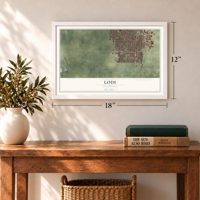 Lodi, California map, 12 x 18 inch print in a white frame in an entryway