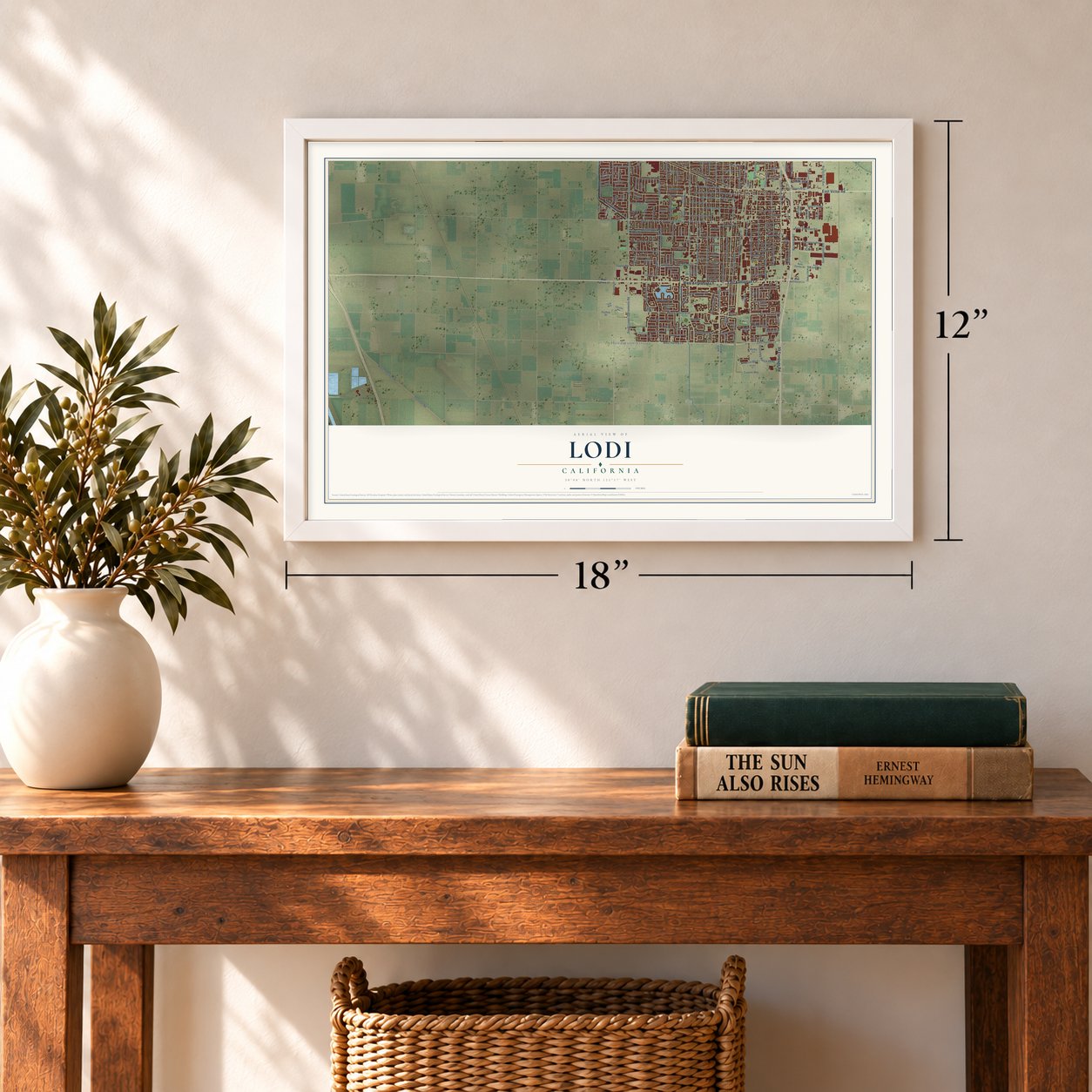Lodi, California map, 12 x 18 inch print in a white frame in an entryway