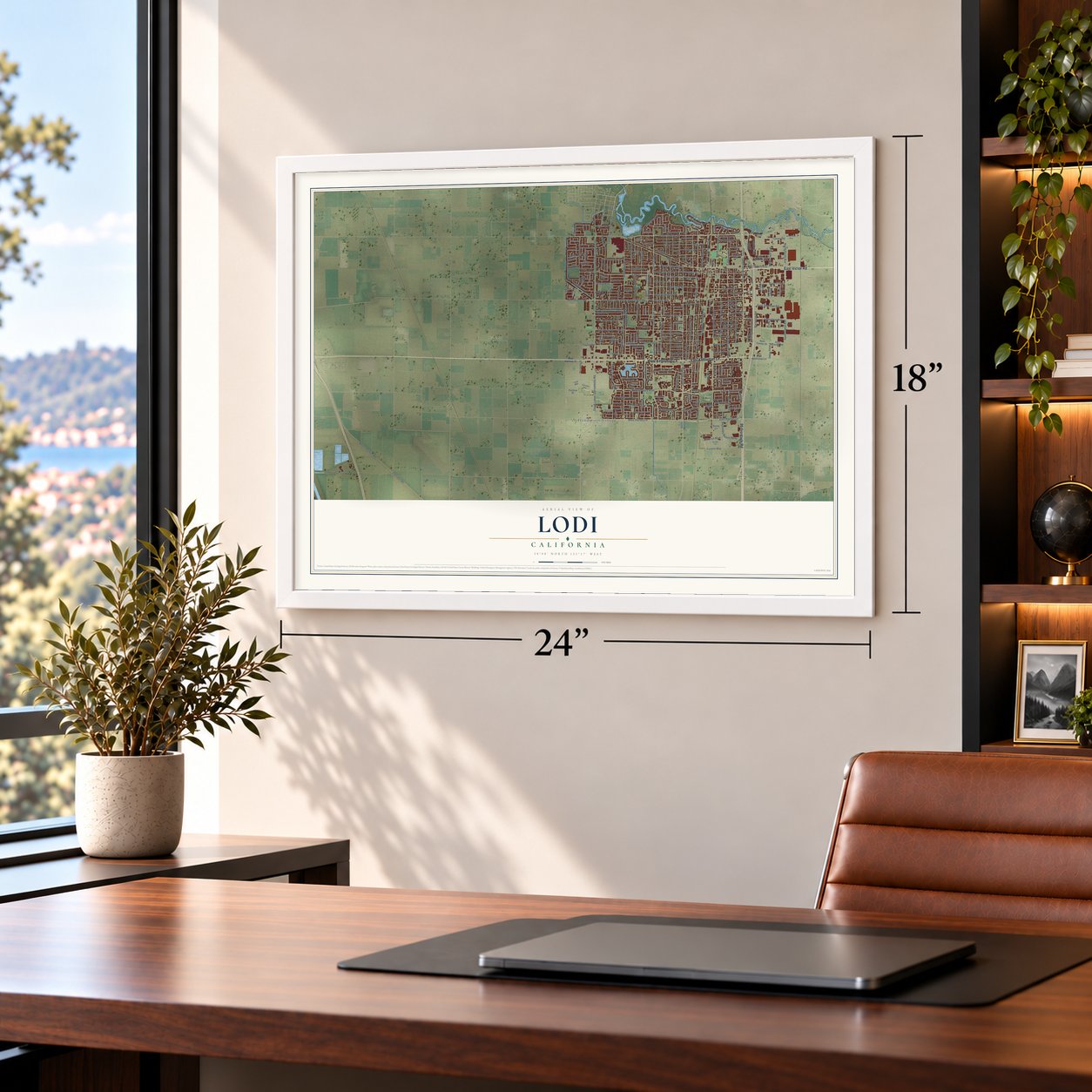 Lodi, California map, 18 x 24 inch print in a white frame in a home office
