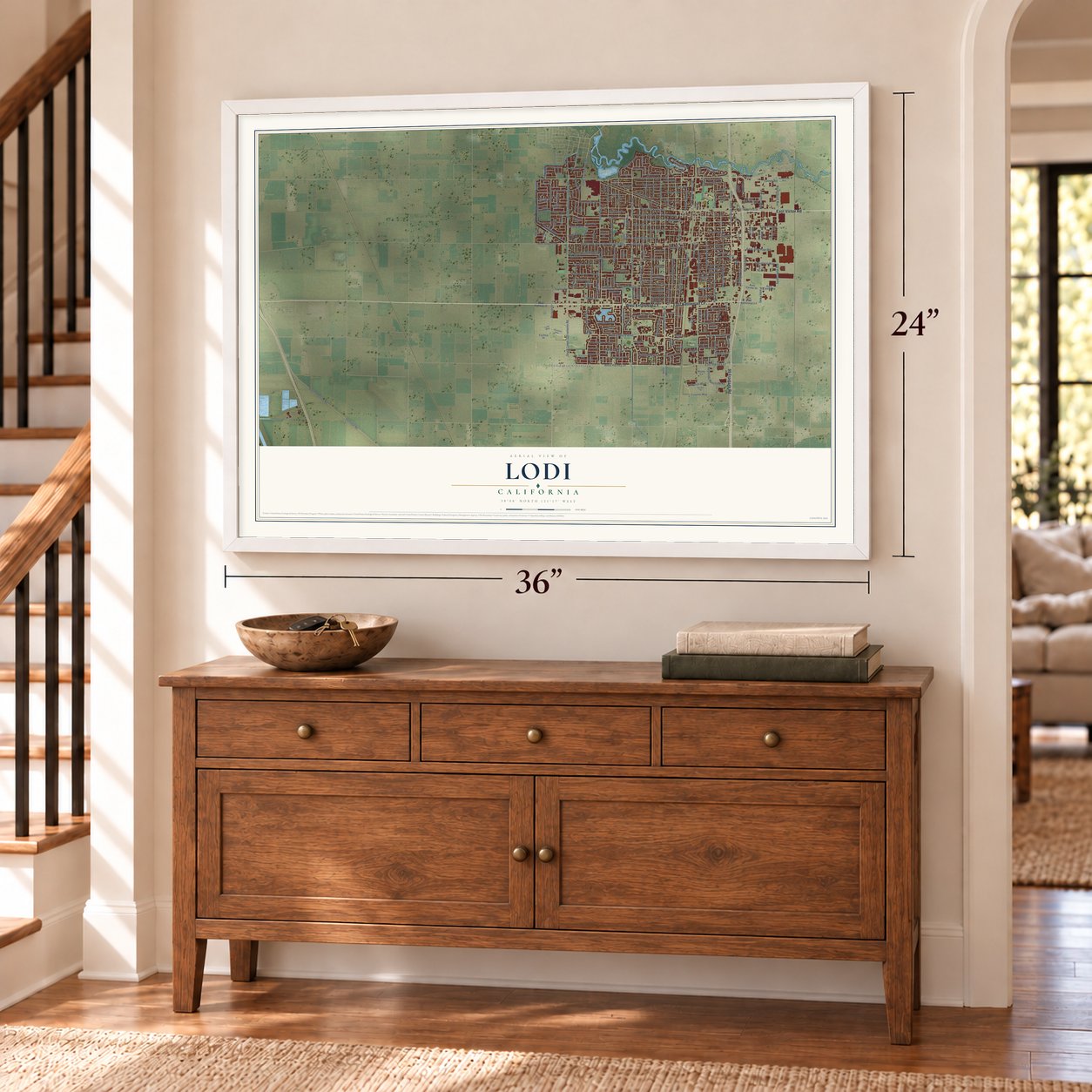 Lodi, California map, 24 x 36 inch print in a white frame above a dresser by a staircase