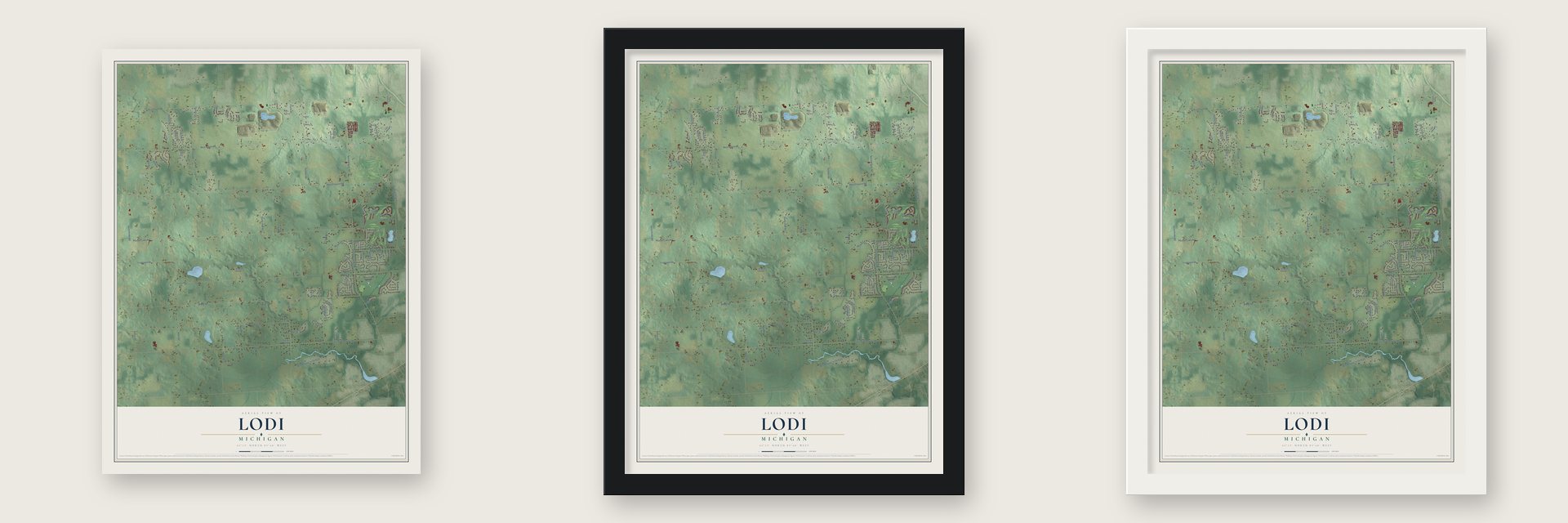 Lodi, Michigan map unframed, in a black wood frame and in a white wood frame