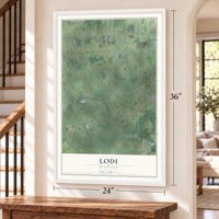 Lodi, Michigan map, 24 x 36 inch print in a white frame by a staircase