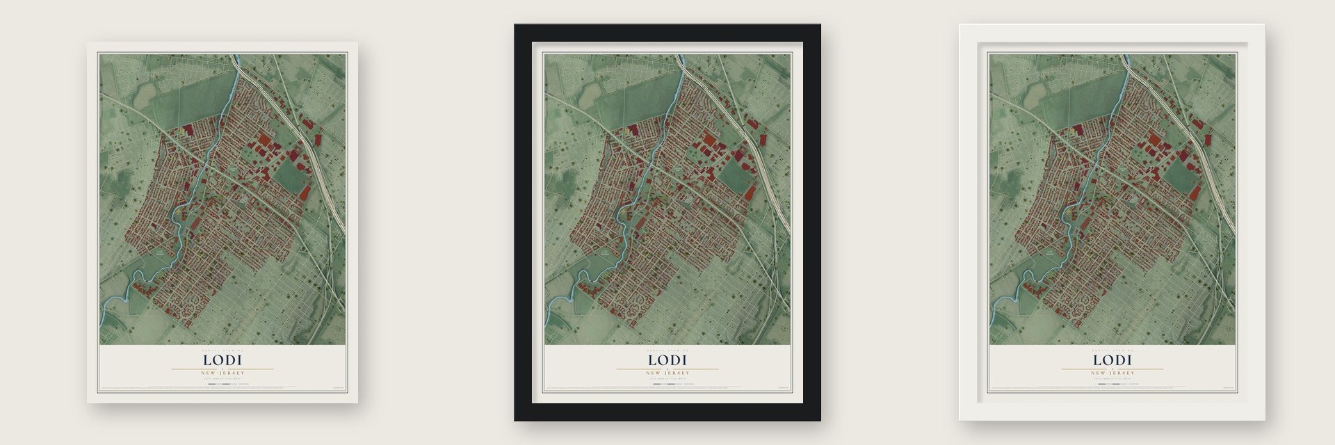 Lodi, New Jersey map unframed, in a black wood frame and in a white wood frame