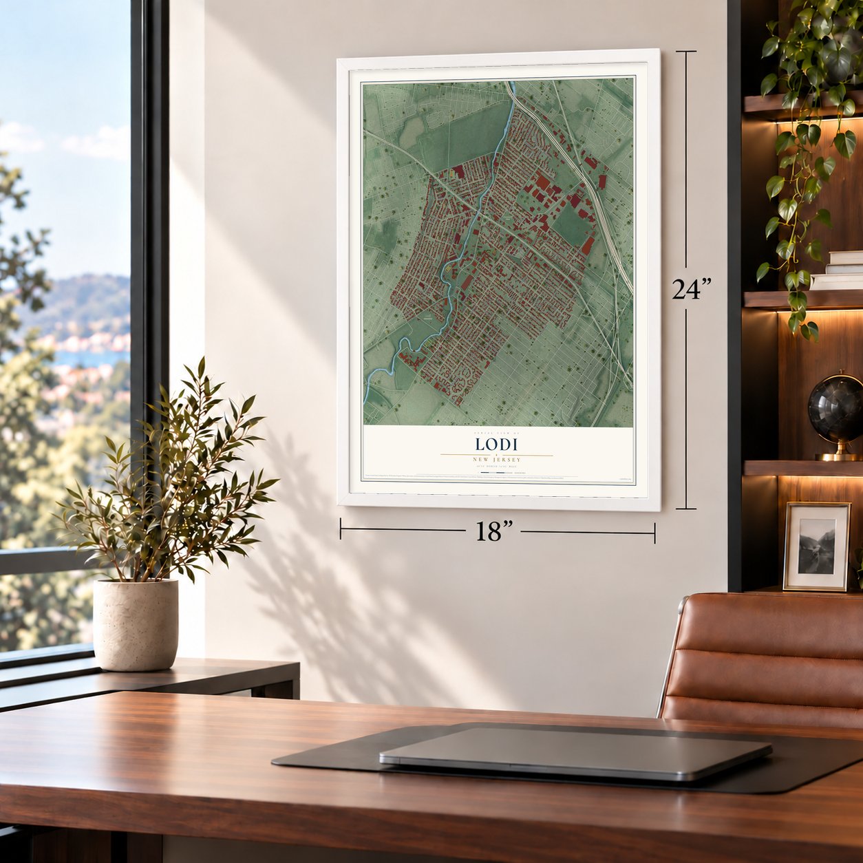 Lodi, New Jersey map, 18 x 24 inch print in a white frame in a home office