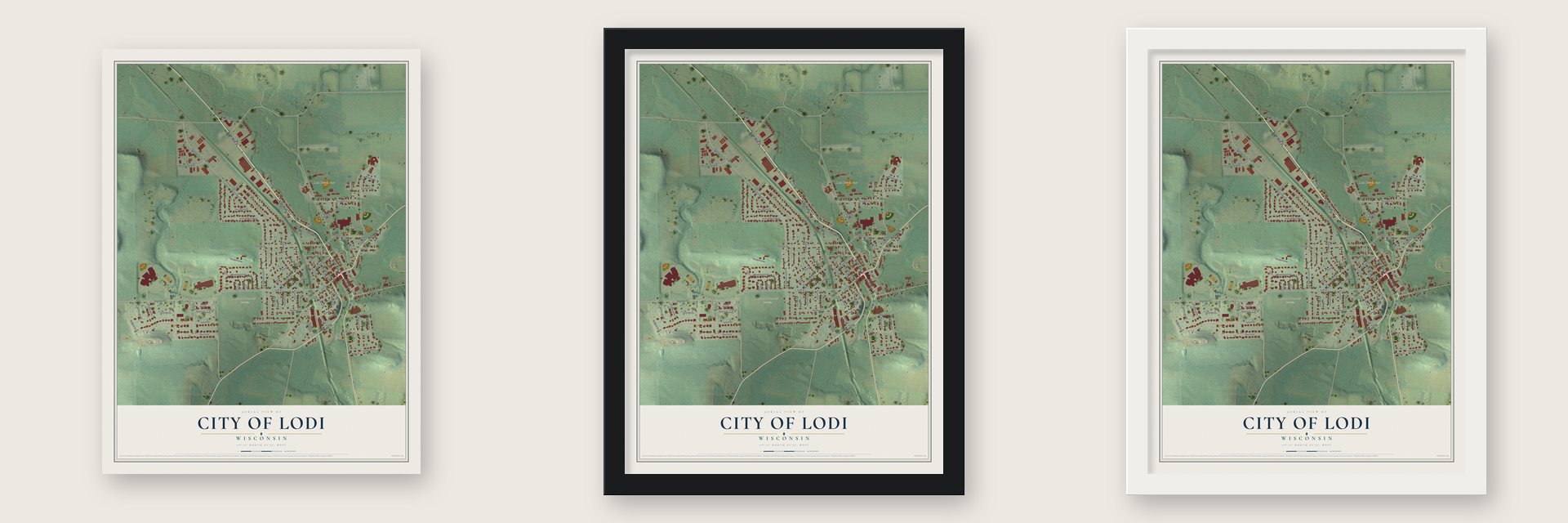 Lodi, Wisconsin map unframed, in a black wood frame and in a white wood frame