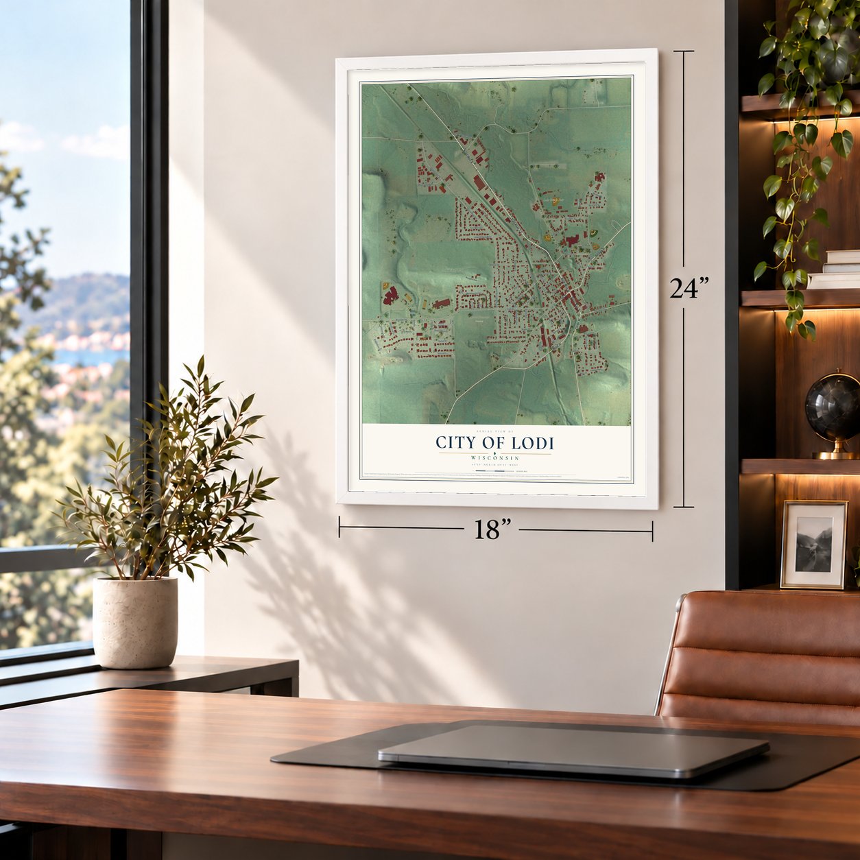 Lodi, Wisconsin map, 18 x 24 inch print in a white frame in a home office