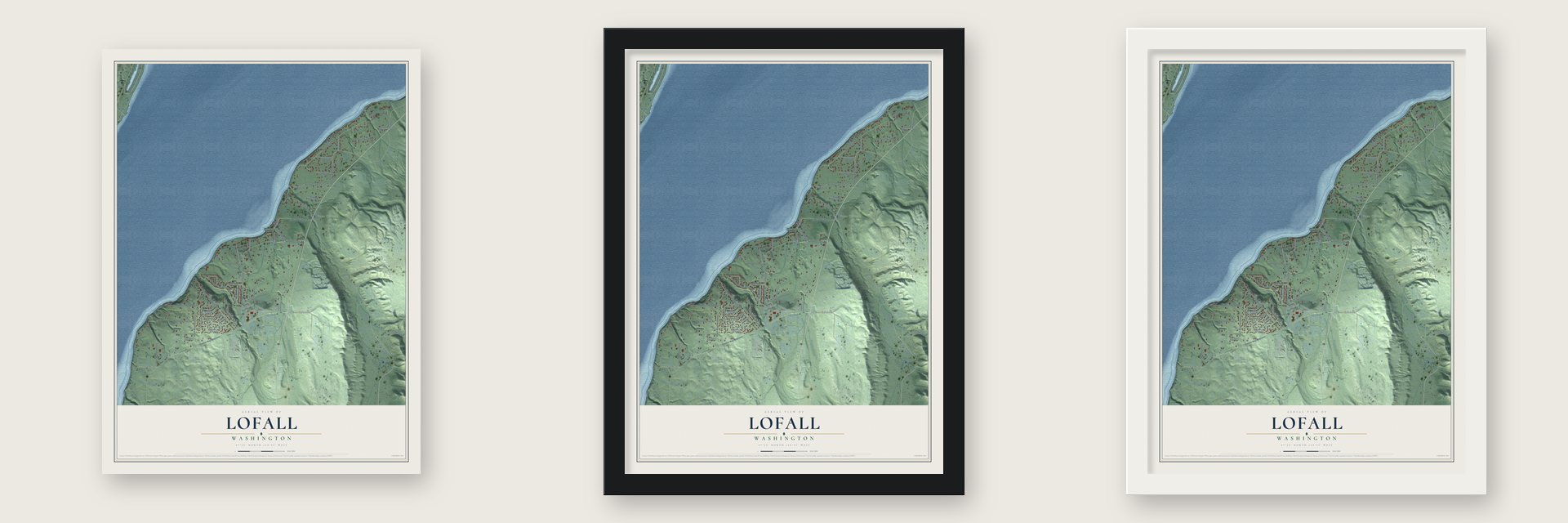 Lofall, Washington map unframed, in a black wood frame and in a white wood frame