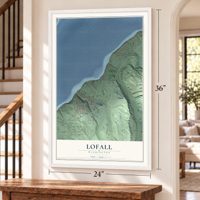 Lofall, Washington map, 24 x 36 inch print in a white frame by a staircase