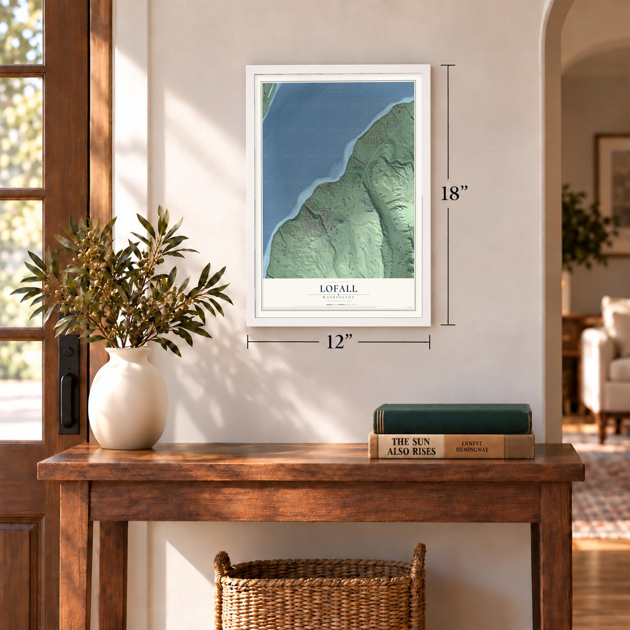 Lofall, Washington map, 12 x 18 inch print in a white frame in an entryway