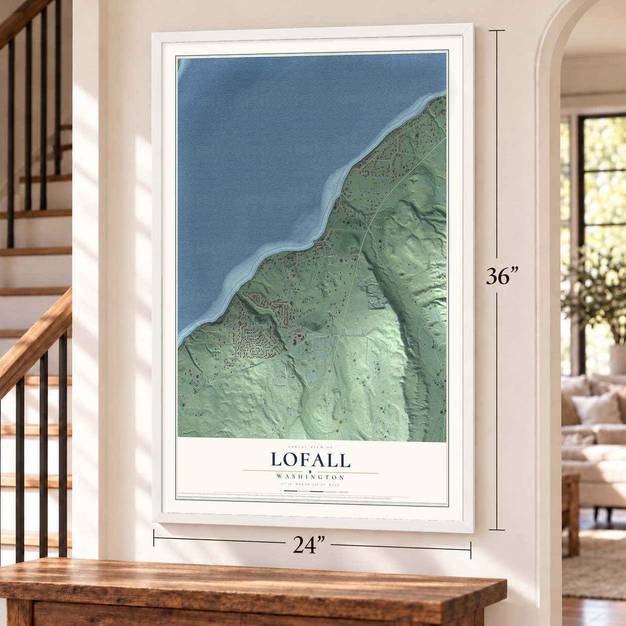 Lofall, Washington map, 24 x 36 inch print in a white frame by a staircase