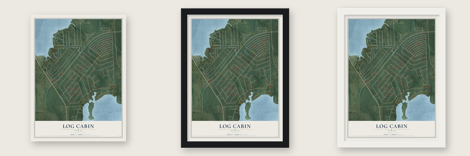 Log Cabin, Texas map unframed, in a black wood frame and in a white wood frame