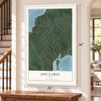 Log Cabin, Texas map, 24 x 36 inch print in a white frame by a staircase