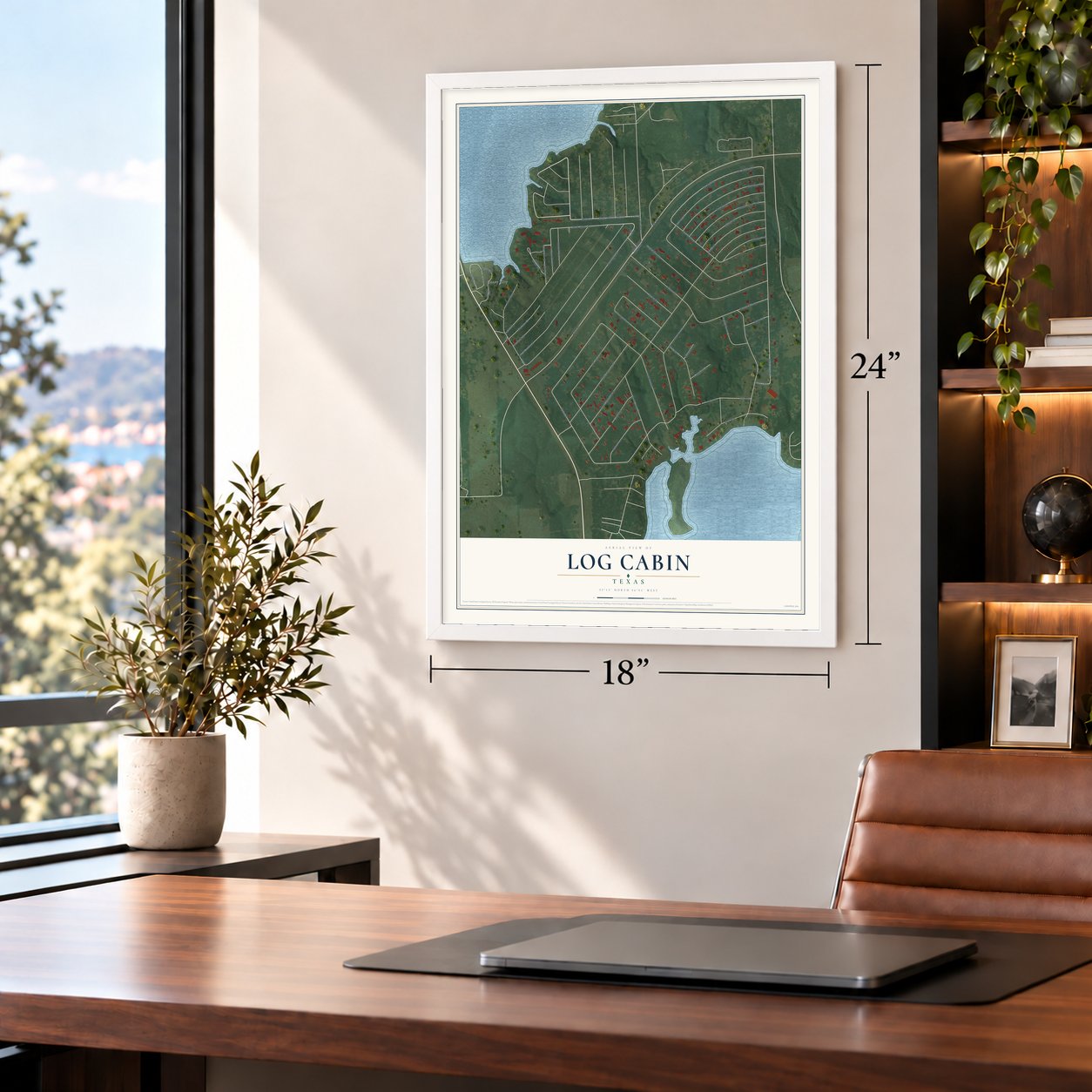 Log Cabin, Texas map, 18 x 24 inch print in a white frame in a home office