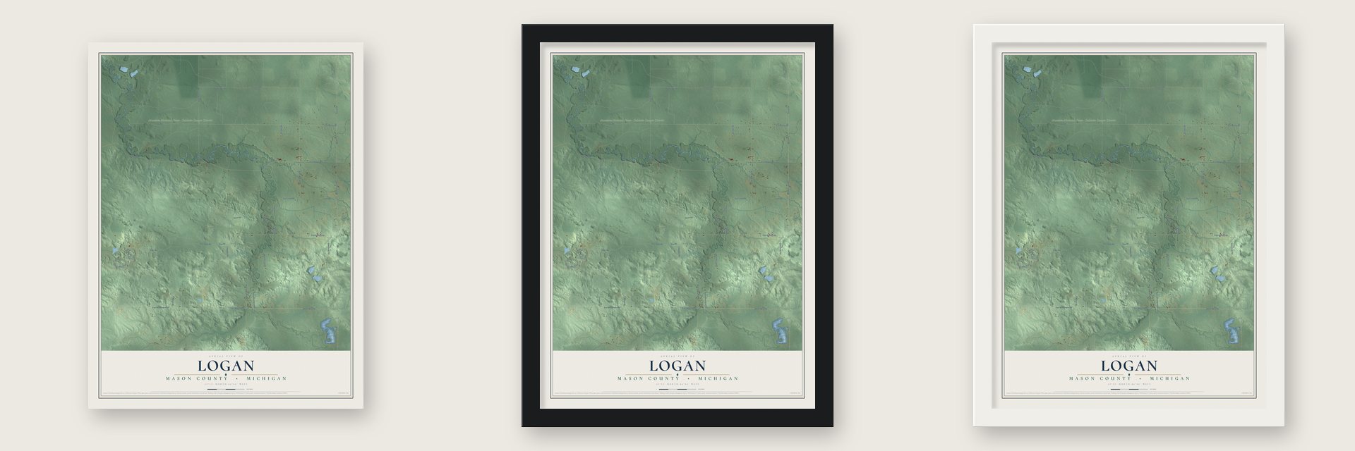 Logan, Mason County, Michigan map unframed, in a black wood frame and in a white wood frame