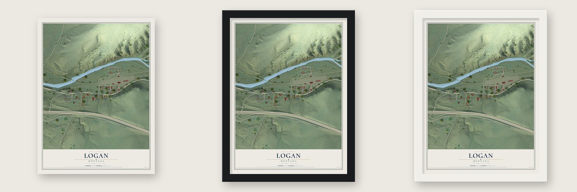 Logan, Montana map unframed, in a black wood frame and in a white wood frame