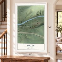 Logan, Montana map, 24 x 36 inch print in a white frame by a staircase