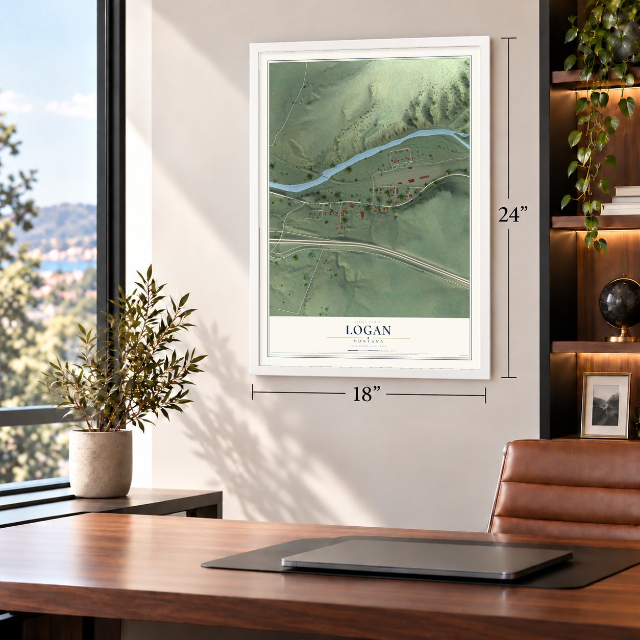 Logan, Montana map, 18 x 24 inch print in a white frame in a home office