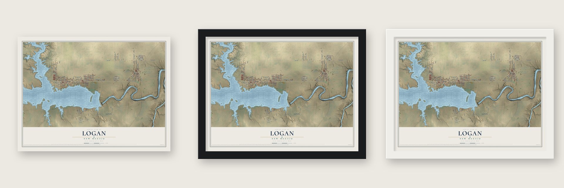 Logan, New Mexico map unframed, in a black wood frame and in a white wood frame