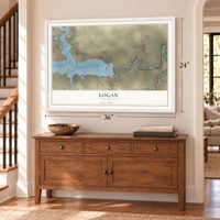 Logan, New Mexico map, 24 x 36 inch print in a white frame above a dresser by a staircase