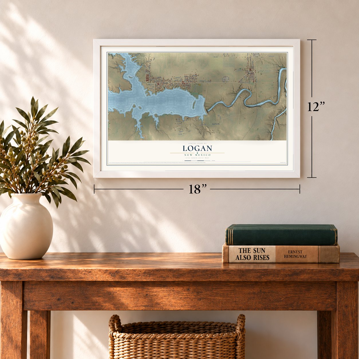 Logan, New Mexico map, 12 x 18 inch print in a white frame in an entryway
