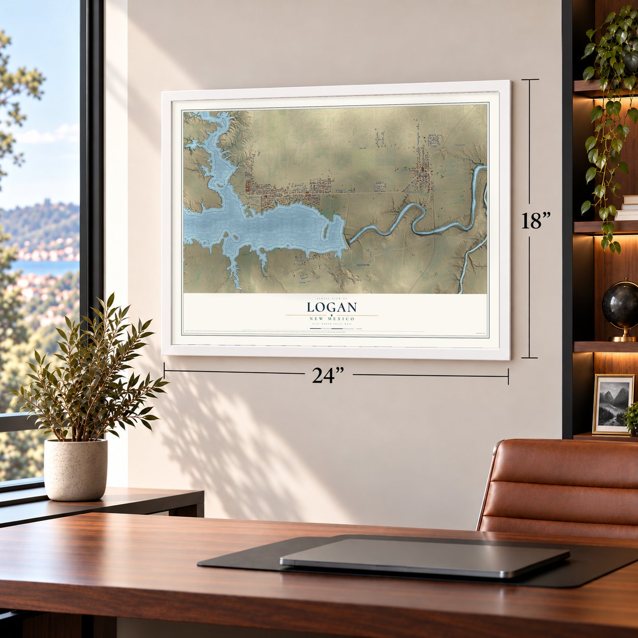 Logan, New Mexico map, 18 x 24 inch print in a white frame in a home office