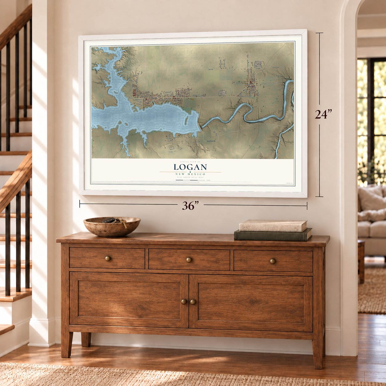 Logan, New Mexico map, 24 x 36 inch print in a white frame above a dresser by a staircase