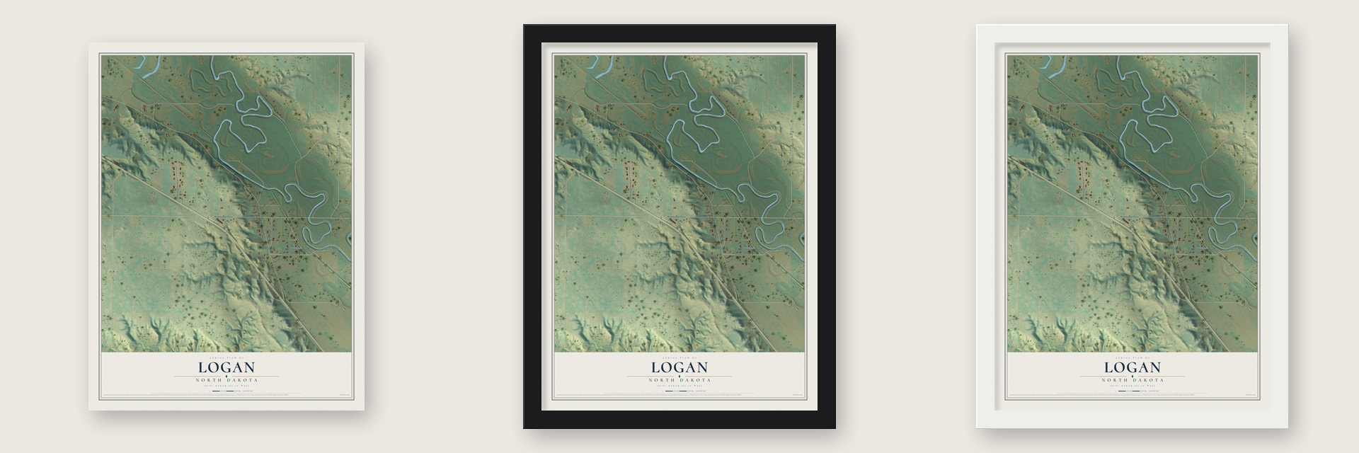 Logan, North Dakota map unframed, in a black wood frame and in a white wood frame