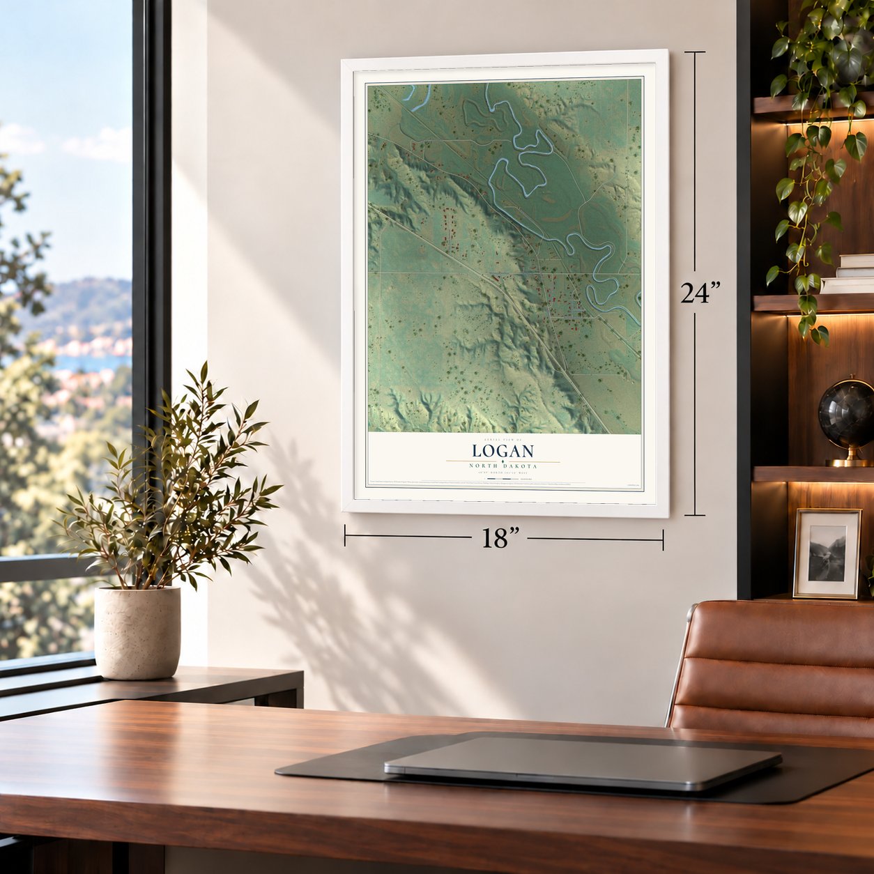 Logan, North Dakota map, 18 x 24 inch print in a white frame in a home office