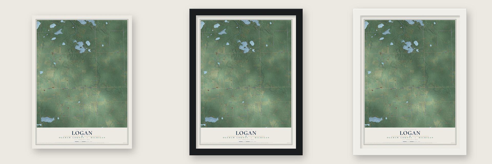 Logan, Ogemaw County, Michigan map unframed, in a black wood frame and in a white wood frame