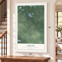 Logan, Ogemaw County, Michigan map, 24 x 36 inch print in a white frame by a staircase