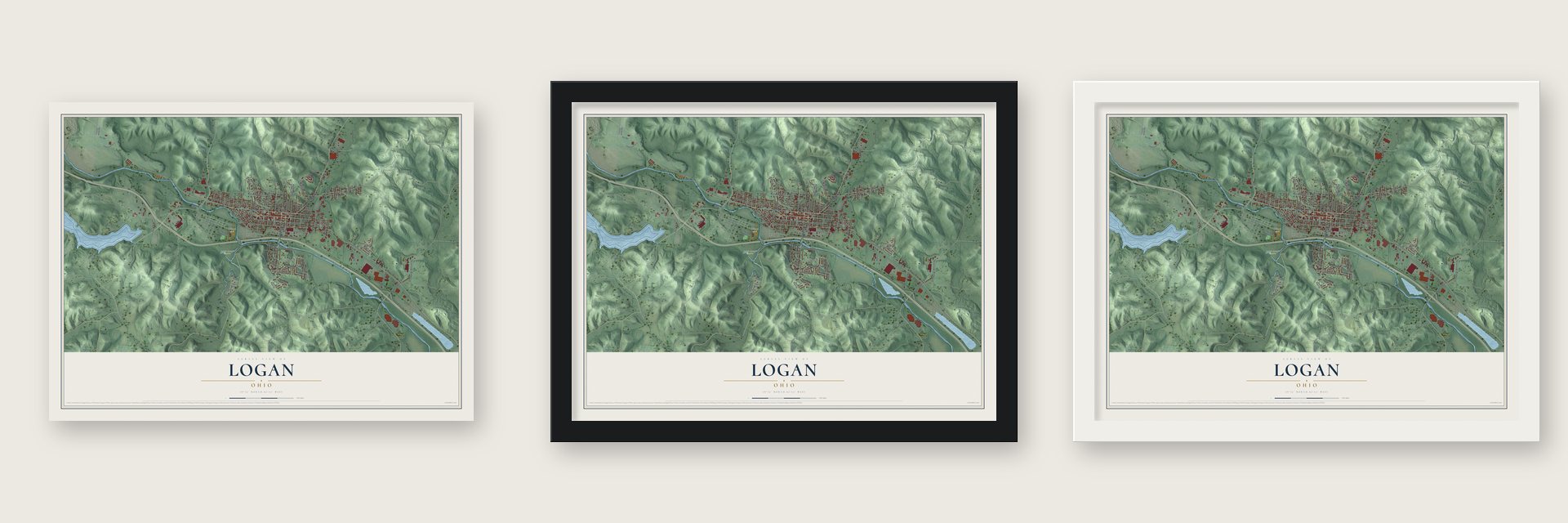 Logan, Ohio map unframed, in a black wood frame and in a white wood frame