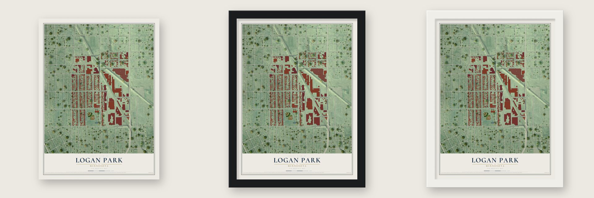 Logan Park, Minnesota map unframed, in a black wood frame and in a white wood frame