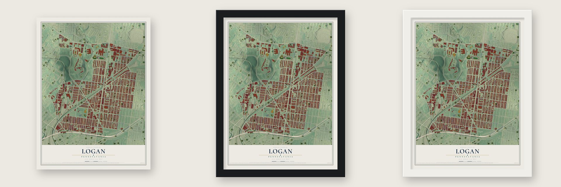 Logan, Philadelphia, Pennsylvania map unframed, in a black wood frame and in a white wood frame