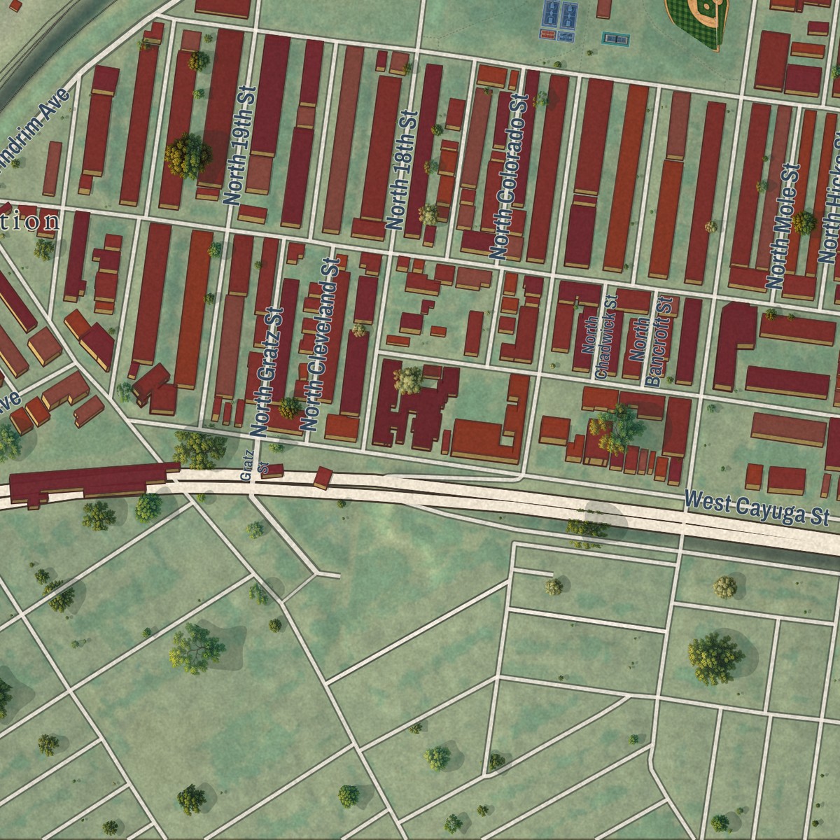 Second close-up of the map of Logan, Philadelphia, Pennsylvania print showing more streets and buildings