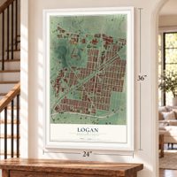 Logan, Philadelphia, Pennsylvania map, 24 x 36 inch print in a white frame by a staircase