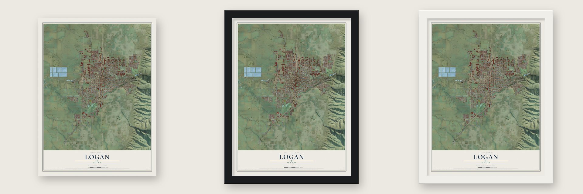 Logan, Utah map unframed, in a black wood frame and in a white wood frame