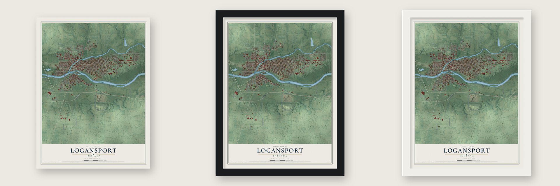 Logansport, Indiana map unframed, in a black wood frame and in a white wood frame