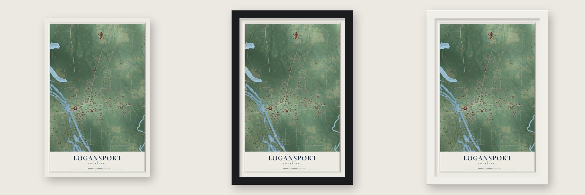 Logansport, Louisiana map unframed, in a black wood frame and in a white wood frame