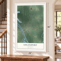Logansport, Louisiana map, 24 x 36 inch print in a white frame by a staircase