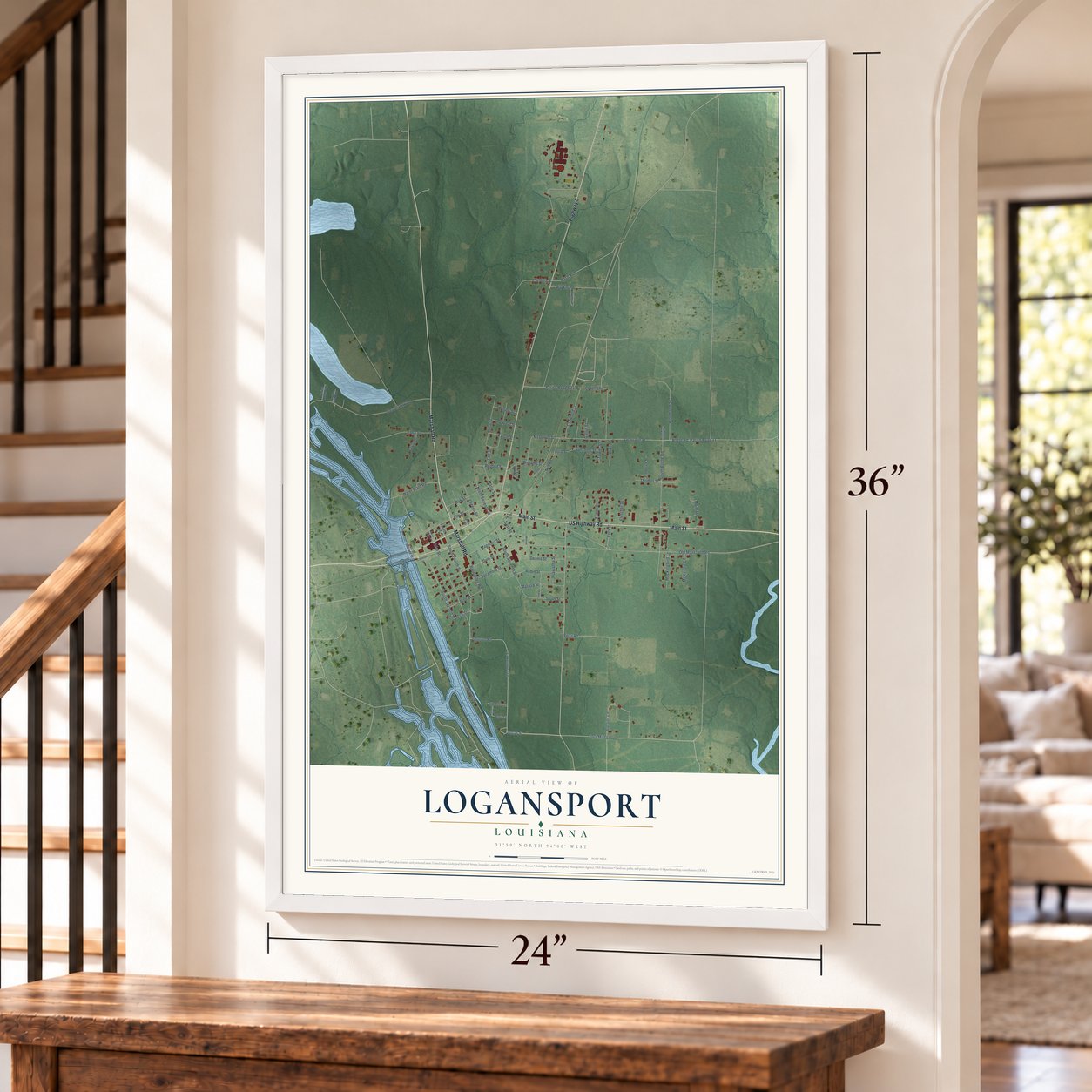 Logansport, Louisiana map, 24 x 36 inch print in a white frame by a staircase