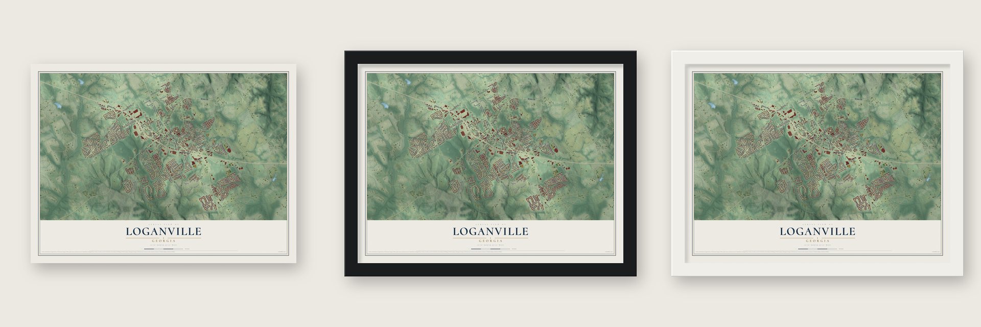 Loganville, Georgia map unframed, in a black wood frame and in a white wood frame