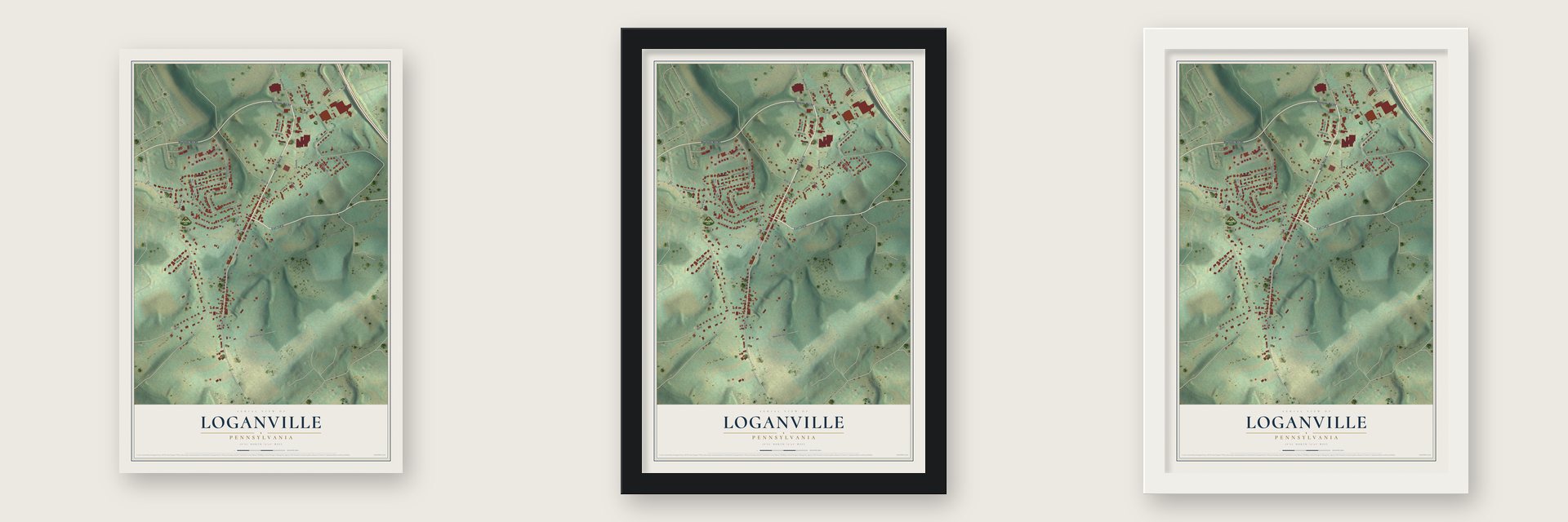 Loganville, Pennsylvania map unframed, in a black wood frame and in a white wood frame